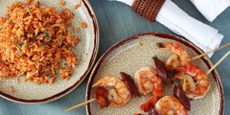 Shrimp and Chorizo Kebabs with Red Rice