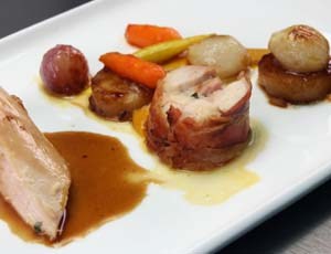 Slow Poached Chicken Breast, Bacon-Chicken Thigh Roulade, Pomme Fondant