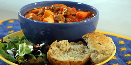 Slow Cooker Stew with Multigrain Buns and Salad