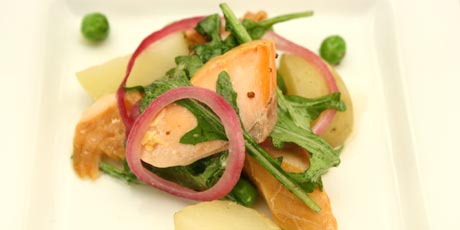Smoked Trout Salad with Fresh Peas, Potatoes, Pickled Onions and Mustard Vinaigrette