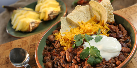 Spicy Black Bean and Raisin Chili with Fresh Pineapple and Tortillas