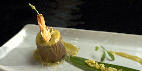 Steamed Eggplant Rolls With Prawn Mousse And Yellow Curry Glaze