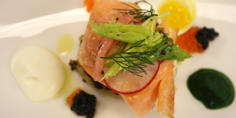 Vodka Cured and Smoked Arctic Char, Potato Latkes with Quail Eggs, Pickled Vegetables, Crème Fraiche and Caviar