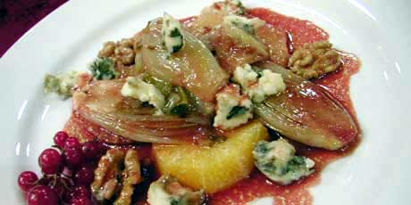 Warm Endive and Ruby Red Grapefruit Salad with Roquefort Cheese and Walnuts