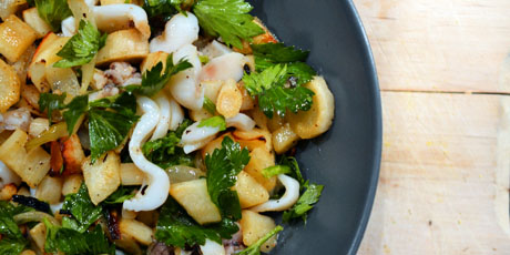 Warm Root Vegetable and Squid Salad with Bone Marrow and Lemon Vinaigrette