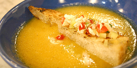 Yellow Tomato Soup with Crunchy Salsa and Crabmeat