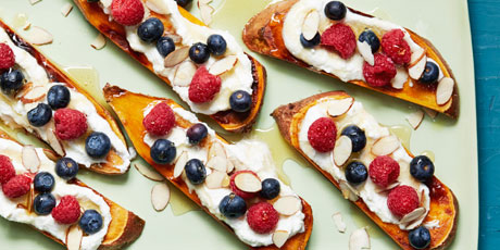 Sweet Potato Toast with Ricotta, Berries, Honey and Almonds