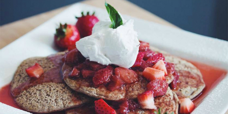 Buckwheat Pancakes with Brandied Strawberries and Coconut Whip