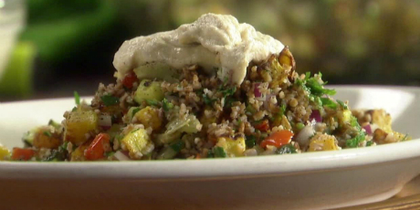 Roasted Vegetable Tabbouleh with Grilled Flat Bread and Yogurt-Tahini Dressing