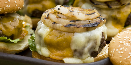 Hamburger with Double Cheddar Cheese, Grilled Vidalia Onion and Horseradish Mustard