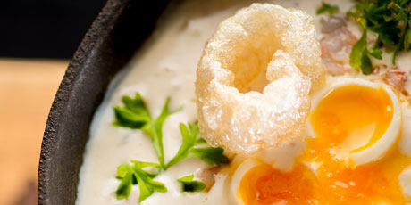 Creamy BC Spot Prawn Chowder with Poached Egg and Smokey Chicharon