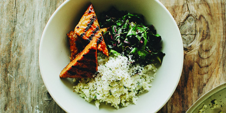 Barbecue Tempeh, Greens and Cauliflower "Couscous"