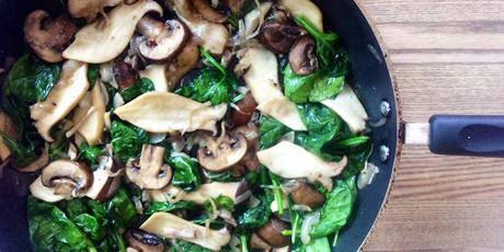 Butter Sautéed Oyster and Cremini Mushrooms with Caramelized Shallots and Spinach