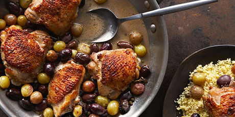 Pan Roasted Chicken Thighs with Grapes and Olives