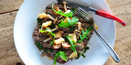 Grilled Beef Paillards with Mushrooms and Aged Cheddar