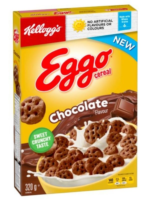 A box of Eggo chocolate flavoured cereal against a white background
