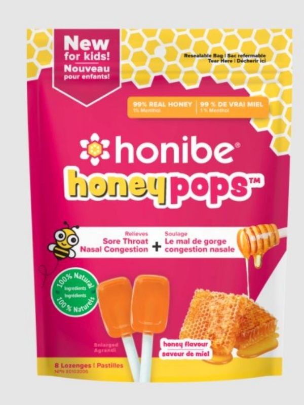 A pink bag of Honibe honey-flavoured lollipops