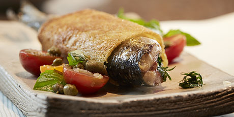 Sardines “in a Blanket” with Fresh Tomatoes, Basil and Capers