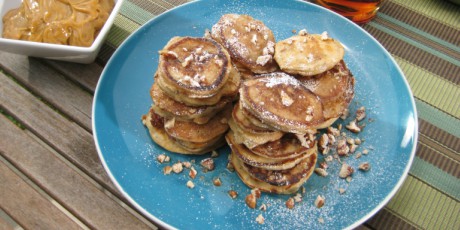 Silver Dollar Buttermilk-Pecan Pancakes with Bourbon Molasses Butter and Maple Syrup