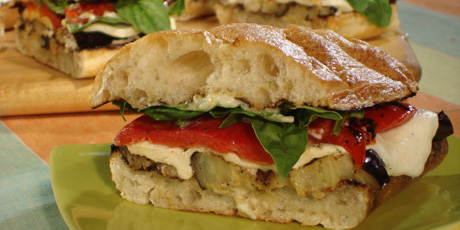 Grilled Eggplant and Fresh Mozzarella on Ciabatta with Roasted Red Peppers, Garlic Mayonnaise, Fresh Basil and Arugula