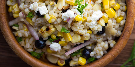 Grilled Corn and Barley Salad with Goat Cheese and Blueberries