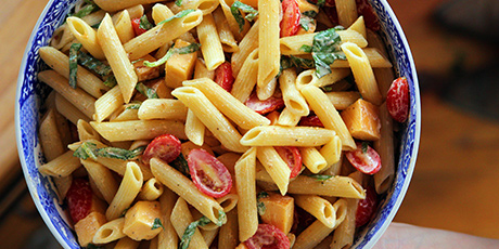 Spicy Pasta Salad with Smoked Gouda, Tomatoes and Basil