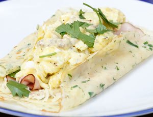 Ham and Cheesy Egg Crepes with Mustard Sauce