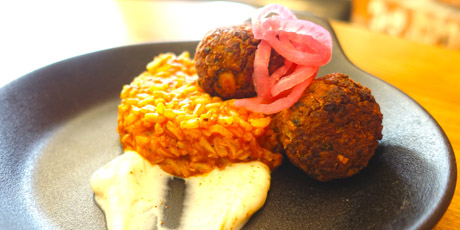 Falafel with Curry Yogurt and Tomato Rice