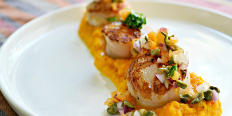 Seared Scallops with Ginger Carrot Purée and Apricot Caper Salsa