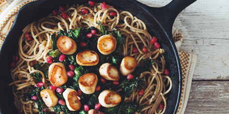 Vegan Scallops with Spaghetti, Crispy Kale and Pomegranates