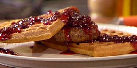 Savory Sour Cream and Chive Waffles with Sausage and Lingonberry Syrup