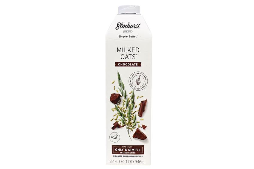 A carton of Elmhurst Chocolate Oat Milk on a white background