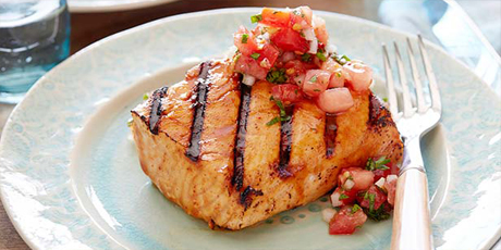 Grilled Salmon with Sherry Vinegar-Honey Glaze and Spicy Tomato Relish