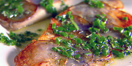 Tilapia with Purple Potato Crust and Chive Rosemary Oil