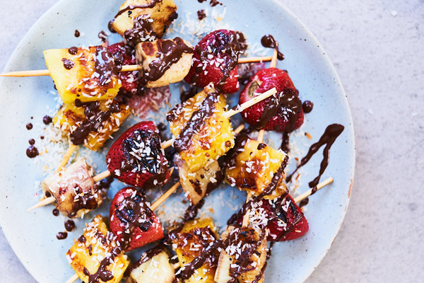 Pineapple, Banana, Strawberry Skewers with Salted Chocolate Drizzle