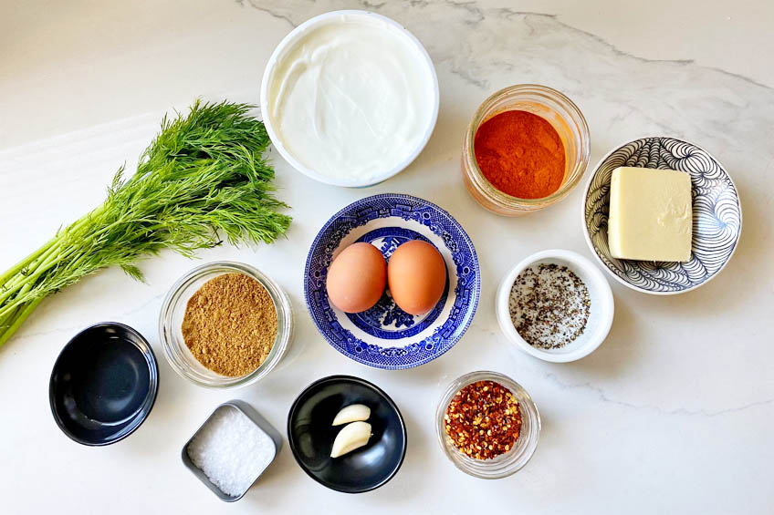 Ingredients for Turkish poached eggs with garlicky yogurt