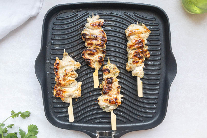Chicken skewers on a grill pan