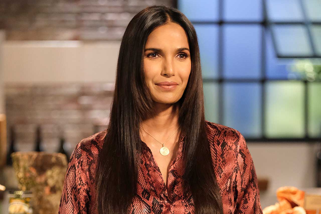 Host Padma Lakshmi looks at the contestants on the set of Top Chef