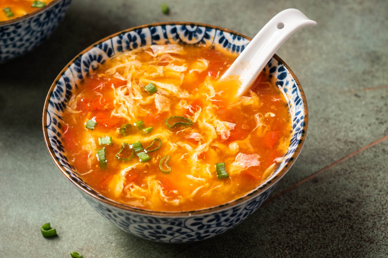 A bowl of Chinese tomato egg drop soup