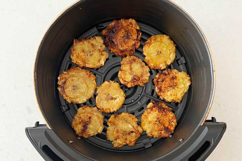Air fried plantains in a a small round airfryer