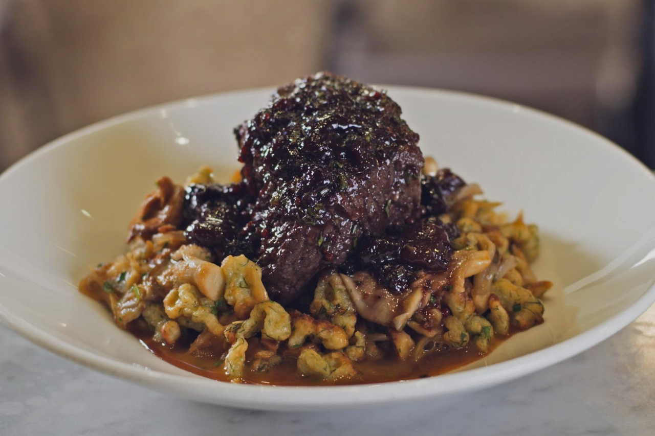 Braised beef shortrib on a bed of spaetzle