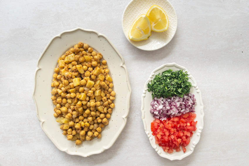 Platters of ingredients for chana chaat