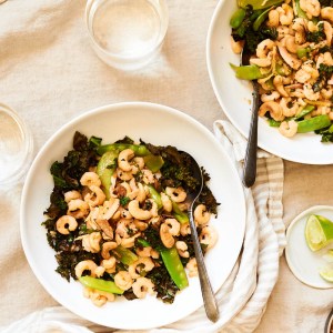 Coconut Milk Shrimp with Cashews, Snow Peas and Crispy Kale