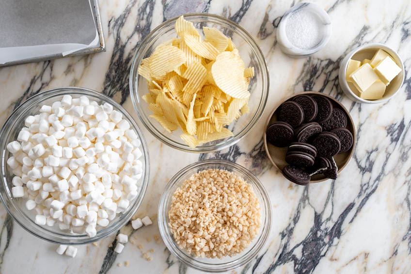 Ingredients for Marshmallow Potato Chip and Oreo Squares