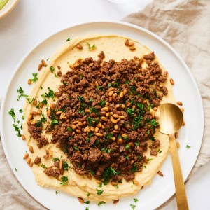 Creamy Hummus with Spiced Ground Beef, Pine Nuts and Parsley