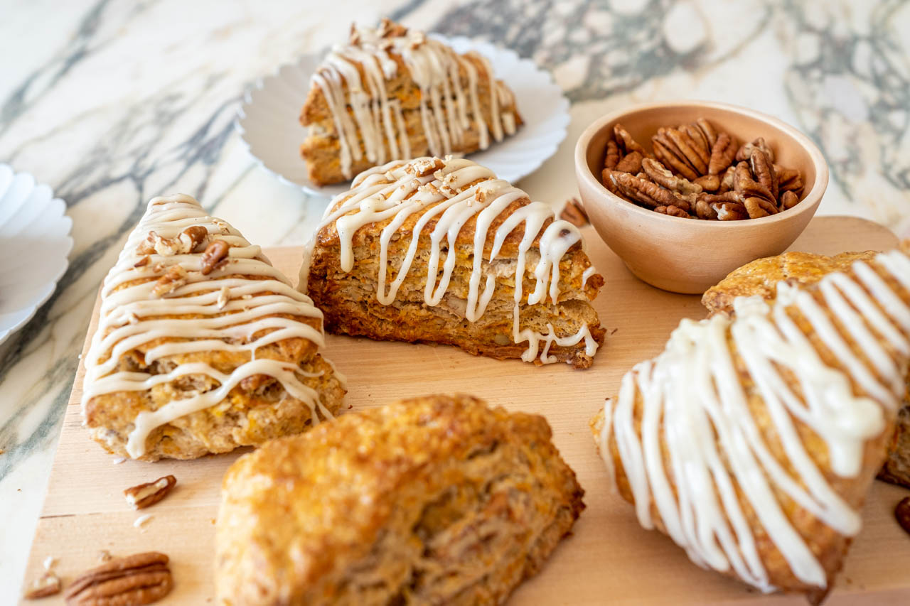 Carrot cake scones with cream cheese drizzle