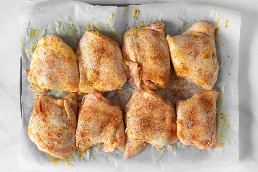 Seasoned chicken thighs for Moroccan Orange Chicken