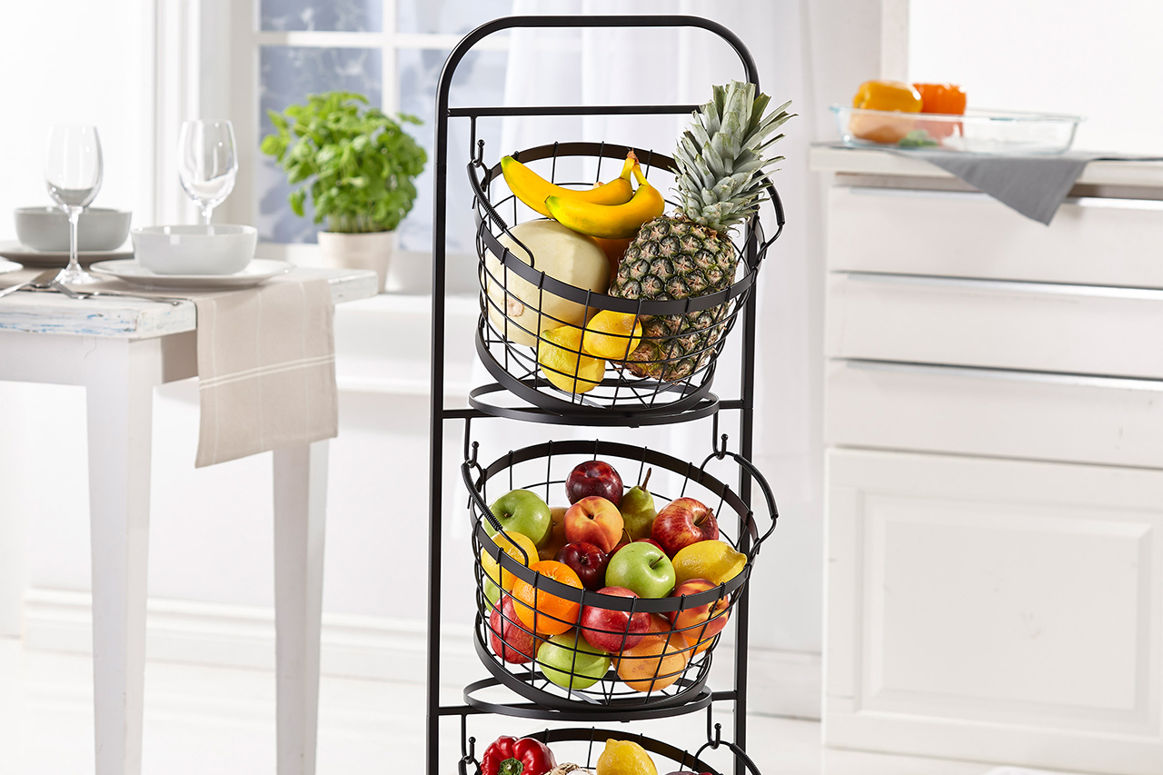 3-tier market basket stand with baskets displaying fruit
