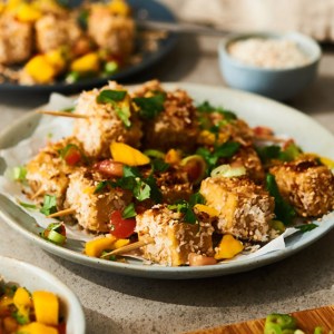 Coconut Crusted Tempeh Skewers with Mango Salsa