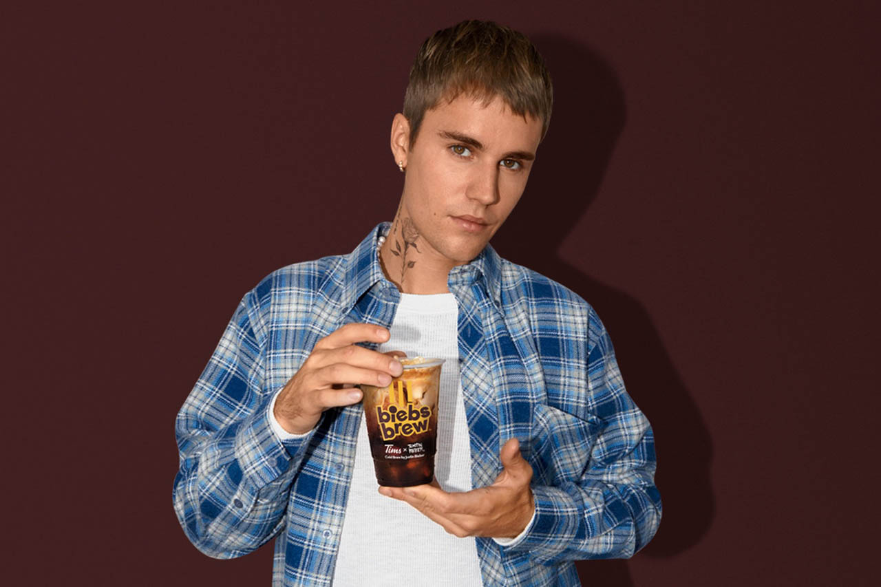 Justin Bieber with Biebs Brew from Tim Hortons